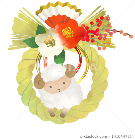 羊年,注連繩(神聖的繩子),注連飾(新年裝飾品),以及一隻可愛的綿羊插圖。 羊年,注連繩(神聖的繩子),注連飾(新年裝飾品),以及一隻可愛的綿羊插圖。 141044735