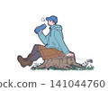 一幅插圖，描繪了一名男子坐在樹樁上，在戶外補充水分。 141044760
