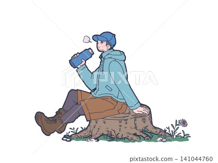 一幅插圖，描繪了一名男子坐在樹樁上，在戶外補充水分。 141044760