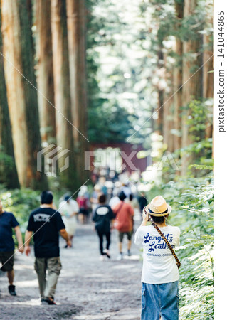 [Togakushi, Nagano City] Togakushi Shrine Inner Sanctuary: The scenery of the Zuishinmon gate and the cedar avenue, and tourists. 141044865