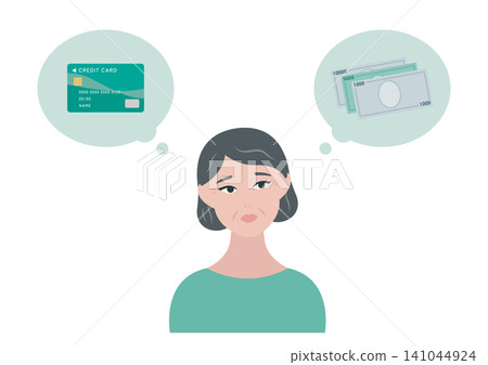 Vector illustration of a middle-aged woman struggling to decide on a payment method (card/cash). Vector illustration of a middle-aged woman struggling to decide on a payment method (card/cash). 141044924