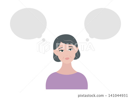 Vector illustration of a troubled middle-aged woman with a speech bubble. Vector illustration of a troubled middle-aged woman with a speech bubble. 141044931