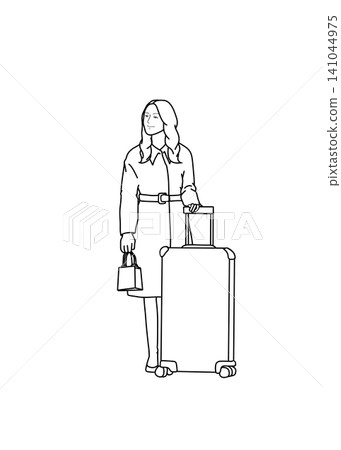 一幅描繪一位女士旅行的線條畫 一幅描繪一位女士旅行的線條畫 141044975