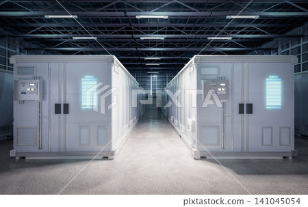 3d rendering group of energy storage systems or battery container units in factory 3d rendering group of energy storage systems or battery container units in factory 141045054