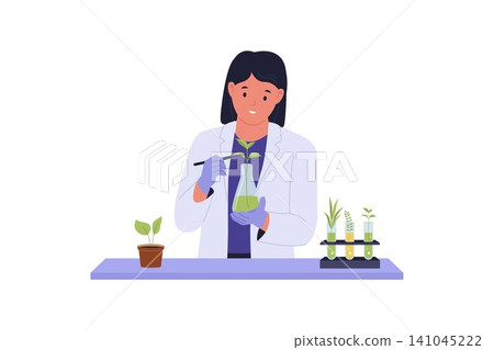 Illustration of a Female Botanist Analyzing a Plant Sample Illustration of a Female Botanist Analyzing a Plant Sample 141045222