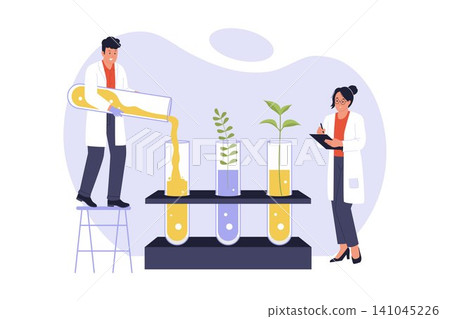 Illustration of Botanist Pouring Liquid into Large Test Tubes Illustration of Botanist Pouring Liquid into Large Test Tubes 141045226
