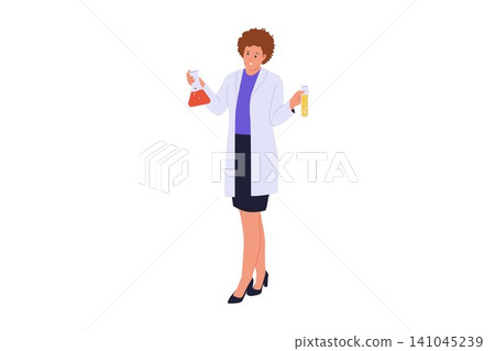 Illustration of Female Chemist Comparing Two Chemical Flasks Illustration of Female Chemist Comparing Two Chemical Flasks 141045239
