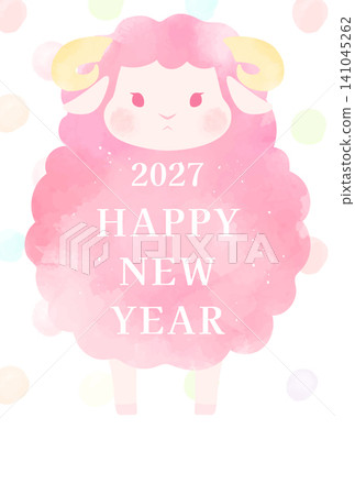 2027年羊年_新年卡片設計(無文字)_可愛水彩風格綿羊1_直式版 2027年羊年_新年卡片設計(無文字)_可愛水彩風格綿羊1_直式版 141045262