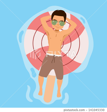 Tanned Man Relaxing on Inflatable Float at Swimming Pool Tanned Man Relaxing on Inflatable Float at Swimming Pool 141045330