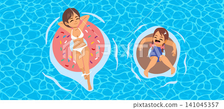 Mother and Daughter Relaxing in Inflatable Ring at Swimming Pool 141045357