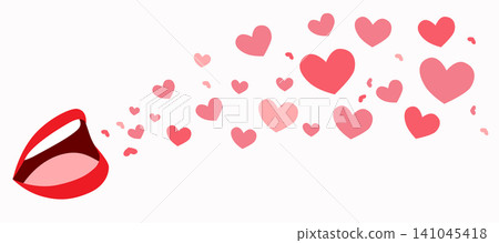 Vector Cartoon Illustration of Female Mouth Blowing Pink Heart Shapes 141045418