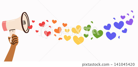 Vector Cartoon Illustration of Megaphone Spreading Rainbow Hearts Background Pride Month Concept Vector Cartoon Illustration of Megaphone Spreading Rainbow Hearts Background Pride Month Concept 141045420