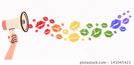 Vector Cartoon Illustration Of Megaphone Spreading Rainbow Lipstick Kiss Marks Background Pride Month Concept Vector Cartoon Illustration Of Megaphone Spreading Rainbow Lipstick Kiss Marks Background Pride Month Concept 141045421