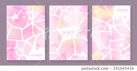 A set of three abstract backgrounds featuring a pale pink gradient with transparent triangles and white cracked lines. A set of three abstract backgrounds featuring a pale pink gradient with transparent triangles and white cracked lines. 141045434
