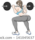 A young woman's back view while doing squats with a barbell. 141045637