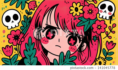 A vibrant illustration of a girl surrounded by whimsical, gothic-inspired flora. A vibrant illustration of a girl surrounded by whimsical, gothic-inspired flora. 141045778