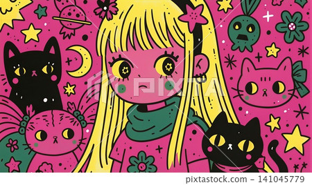 A whimsical illustration of a girl surrounded by cosmic elements and playful creatures. A whimsical illustration of a girl surrounded by cosmic elements and playful creatures. 141045779