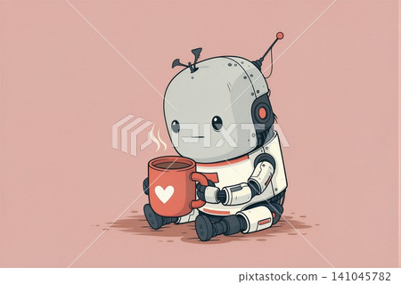 A charming illustration of a seated robot enjoying a warm beverage. A charming illustration of a seated robot enjoying a warm beverage. 141045782