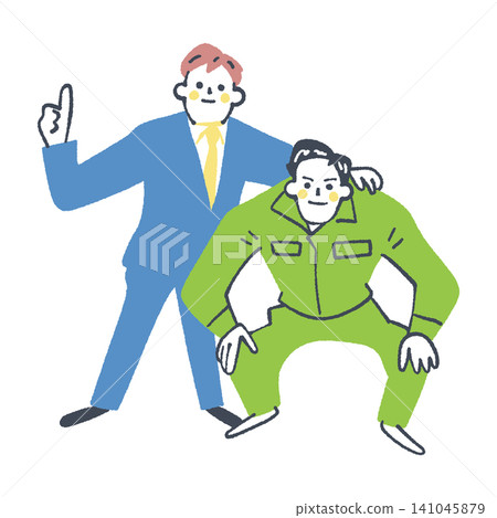 Men in suits and work clothes trust and support each other as equals; people who trust each other, their shoulders touching. Men in suits and work clothes trust and support each other as equals; people who trust each other, their shoulders touching. 141045879