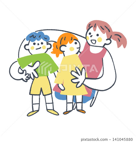 一個育兒場景,一位保育員擁抱兩個孩子,照顧他們,並擁抱他們;彼此信任的人,從彼此的肩膀上方可以看到。 一個育兒場景,一位保育員擁抱兩個孩子,照顧他們,並擁抱他們;彼此信任的人,從彼此的肩膀上方可以看到。 141045880