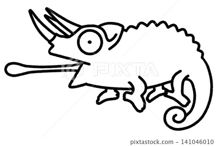 A cute line drawing illustration of a Jackson's chameleon with its tongue sticking out. 141046010