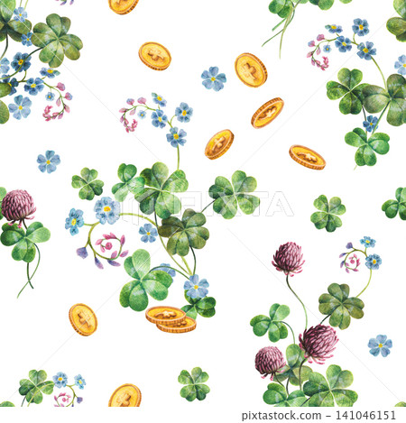 Seamless pattern with gold coins, green clovers, red clover flowers and blue forget-me-nots hand drawing watercolor. A botanical element for St. Patrick's Day fabric, lucky wrapping, or wallpaper. Seamless pattern with gold coins, green clovers, red clover flowers and blue forget-me-nots hand drawing watercolor. A botanical element for St. Patrick's Day fabric, lucky wrapping, or wallpaper. 141046151