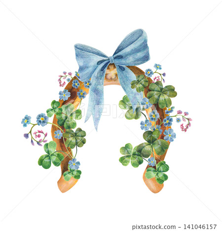Horseshoe with blue bow, green clovers and blue forget-me-not flowers hand drawing watercolor illustration. A lucky symbol ideal for St. Patrick's Day, Celtic folklore, or wedding floral decor. Horseshoe with blue bow, green clovers and blue forget-me-not flowers hand drawing watercolor illustration. A lucky symbol ideal for St. Patrick's Day, Celtic folklore, or wedding floral decor. 141046157