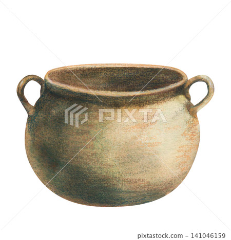 Hand drawing vintage cauldron with rustic handles and weathered oxidized watercolor texture. Isolated graphic element for St. Patrick's Day, Celtic folklore, or witch potion fantasy, Halloween. Hand drawing vintage cauldron with rustic handles and weathered oxidized watercolor texture. Isolated graphic element for St. Patrick's Day, Celtic folklore, or witch potion fantasy, Halloween. 141046159