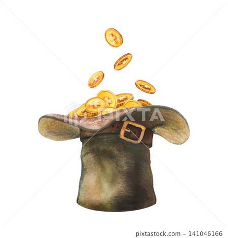 Hand drawing watercolor illustration of a leprechaun top hat with leather buckle and falling gold shamrock coins. Isolated graphic element for St. Patrick's Day, Celtic folklore, or lucky decor Hand drawing watercolor illustration of a leprechaun top hat with leather buckle and falling gold shamrock coins. Isolated graphic element for St. Patrick's Day, Celtic folklore, or lucky decor 141046166