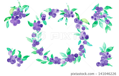 Watercolor blueberry frame, border, wreath, and corner material set - Summer, natural, hand-painted Watercolor blueberry frame, border, wreath, and corner material set - Summer, natural, hand-painted 141046226