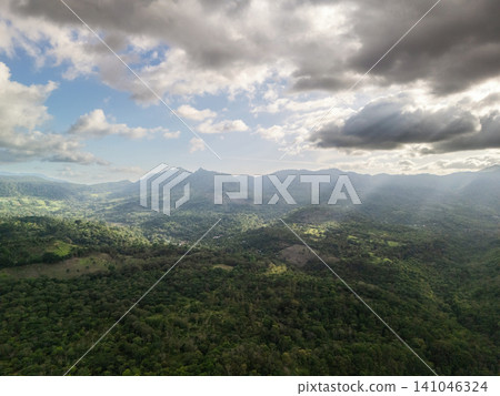 Scenic view of mountains and forests under cloudy sky in daytime 141046324