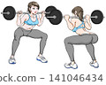 Young woman doing squats_mirror_forward and backward_barbell 141046434