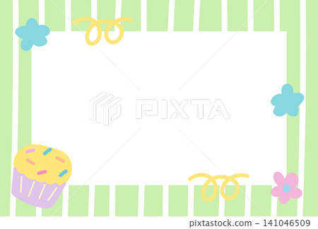 Pastel green frame illustration with cupcake, flower, stripe pattern for background, backdrop, wallpaper, rectangle ad template, polaroid photo, banner, social media, postcard, memo note, presentation Pastel green frame illustration with cupcake, flower, stripe pattern for background, backdrop, wallpaper, rectangle ad template, polaroid photo, banner, social media, postcard, memo note, presentation 141046509