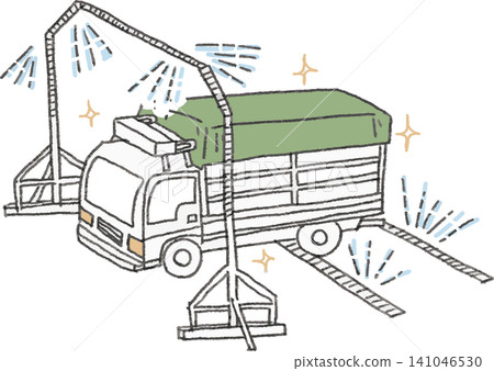 An illustration showing disinfectant being sprayed onto trucks from a vehicle disinfection device (gate) at the entrance of a livestock farm (disease prevention measures/biosec). An illustration showing disinfectant being sprayed onto trucks from a vehicle disinfection device (gate) at the entrance of a livestock farm (disease prevention measures/biosec). 141046530