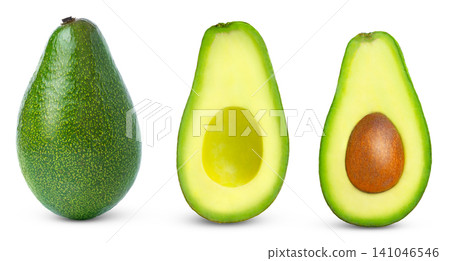 Fresh whole avocado, half and sliced avocado isolated, front or top view. Fresh whole avocado, half and sliced avocado isolated, front or top view. 141046546