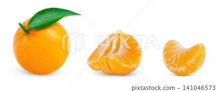 Ripe tangerines set, whole, peeled and slice without peel, isolated on a white background. Mandarin with green leaf and clementine slices collection. 141046573