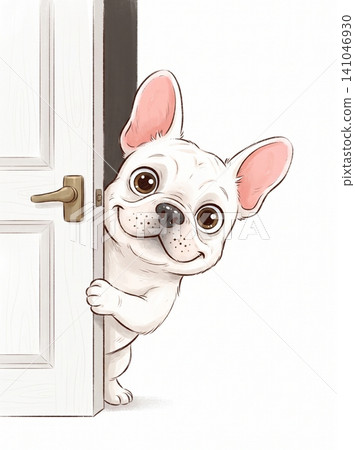 Cute white french bulldog puppy peeking through a half open doorway in a charming digital illustration for playful home decor with peeking curiously Cute white french bulldog puppy peeking through a half open doorway in a charming digital illustration for playful home decor with peeking curiously 141046930