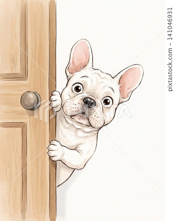 A curious white french bulldog puppy peeking around a wooden door frame in a playful hand drawn illustration style with a soft minimalist background A curious white french bulldog puppy peeking around a wooden door frame in a playful hand drawn illustration style with a soft minimalist background 141046931