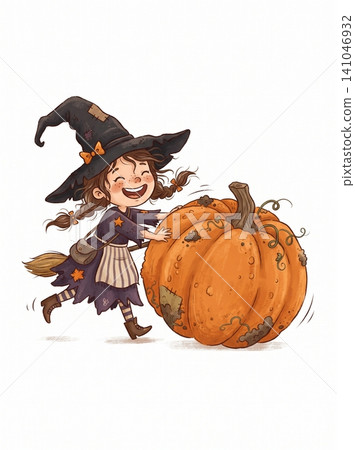 Cheerful little girl dressed as a witch pushing a large orange pumpkin for halloween celebration in a cute hand drawn digital illustration style Cheerful little girl dressed as a witch pushing a large orange pumpkin for halloween celebration in a cute hand drawn digital illustration style 141046932