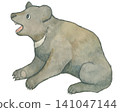 A black bear sitting with its mouth open. 141047144