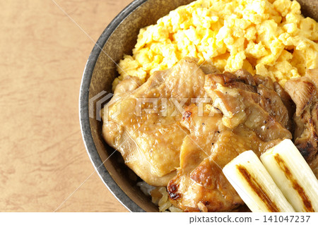 炒蛋、烤蔥和炭烤雞肉飯 炒蛋、烤蔥和炭烤雞肉飯 141047237
