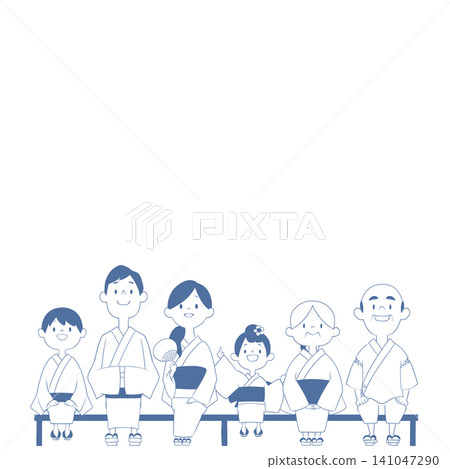一幅插圖，描繪了一家人身穿浴衣在夏季祭典上欣賞煙火的情景。 141047290