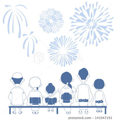 An illustration of a family in yukata enjoying a fireworks display at a summer festival. An illustration of a family in yukata enjoying a fireworks display at a summer festival. 141047291