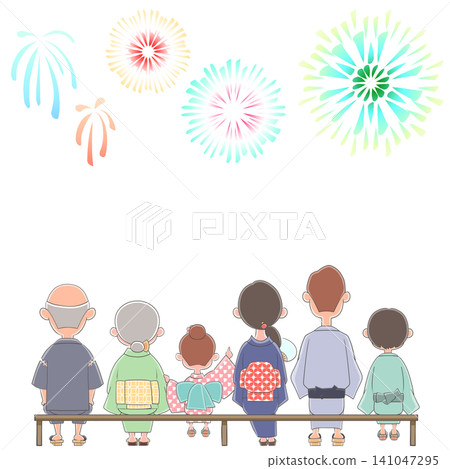 An illustration of a family in yukata enjoying a fireworks display at a summer festival. An illustration of a family in yukata enjoying a fireworks display at a summer festival. 141047295