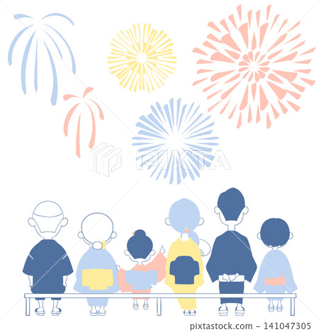 一幅插圖,描繪了一家人身穿浴衣在夏季祭典上欣賞煙火的情景。 一幅插圖,描繪了一家人身穿浴衣在夏季祭典上欣賞煙火的情景。 141047305