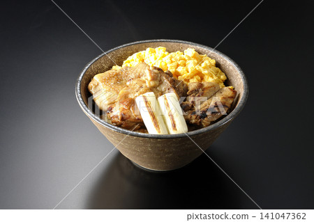 一碗炒蛋、烤青蔥和炭烤雞肉,以黑色為背景拍攝。 一碗炒蛋、烤青蔥和炭烤雞肉,以黑色為背景拍攝。 141047362