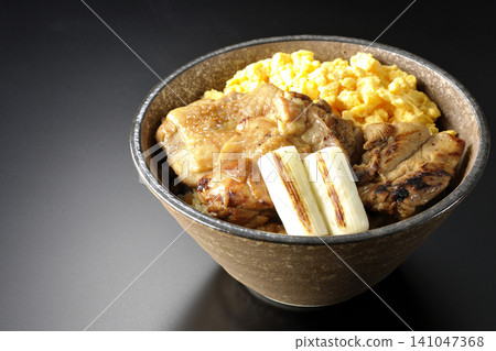 一碗炒蛋、烤青蔥和炭烤雞肉,以黑色為背景拍攝。 一碗炒蛋、烤青蔥和炭烤雞肉,以黑色為背景拍攝。 141047368