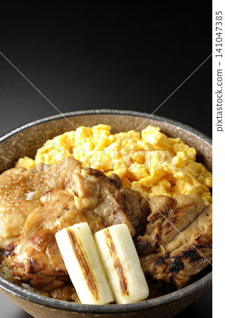 一碗炒蛋、烤青蔥和炭烤雞肉,以黑色為背景拍攝。 一碗炒蛋、烤青蔥和炭烤雞肉,以黑色為背景拍攝。 141047385