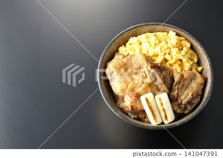 一碗炒蛋、烤青蔥和炭烤雞肉,以黑色為背景拍攝。 一碗炒蛋、烤青蔥和炭烤雞肉,以黑色為背景拍攝。 141047391