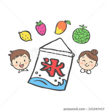 A shaved ice shop curtain, children, and fruit illustrations. A shaved ice shop curtain, children, and fruit illustrations. 141047437